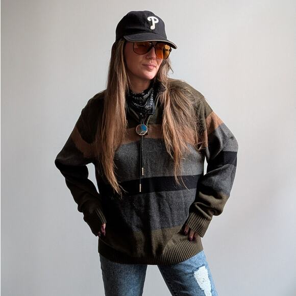 Vintage Green Striped Knit Sweater Earthy Minimalist Grunge Preppy Fleece Large - Picture 2 of 8